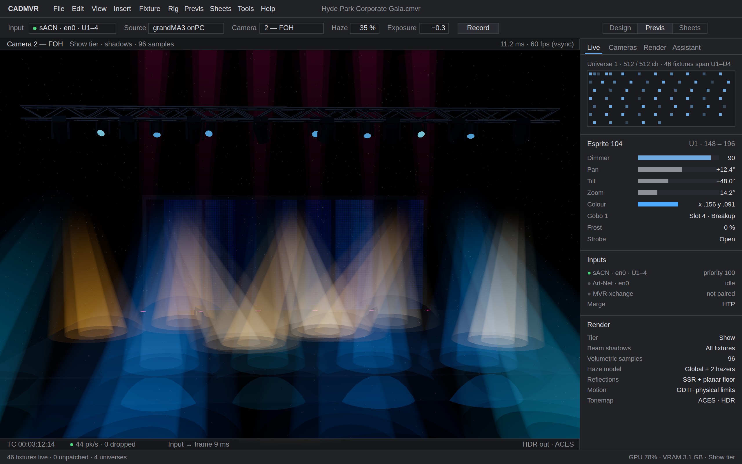 The CADMVR previs workspace: a rig of moving lights with coloured beams over a stage, and a live panel showing DMX values from the console